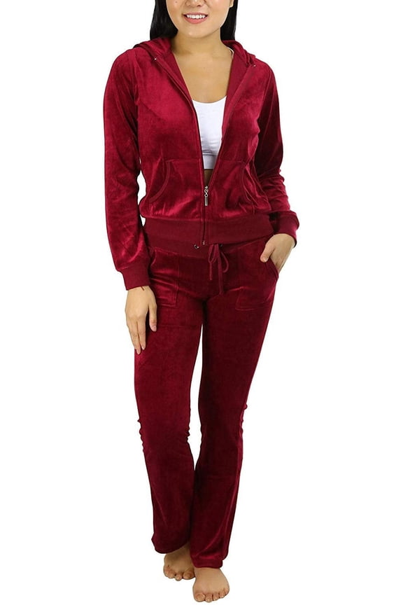 Women's Velour Tracksuit Zip-Up Hooded Jacket and Matching Pants