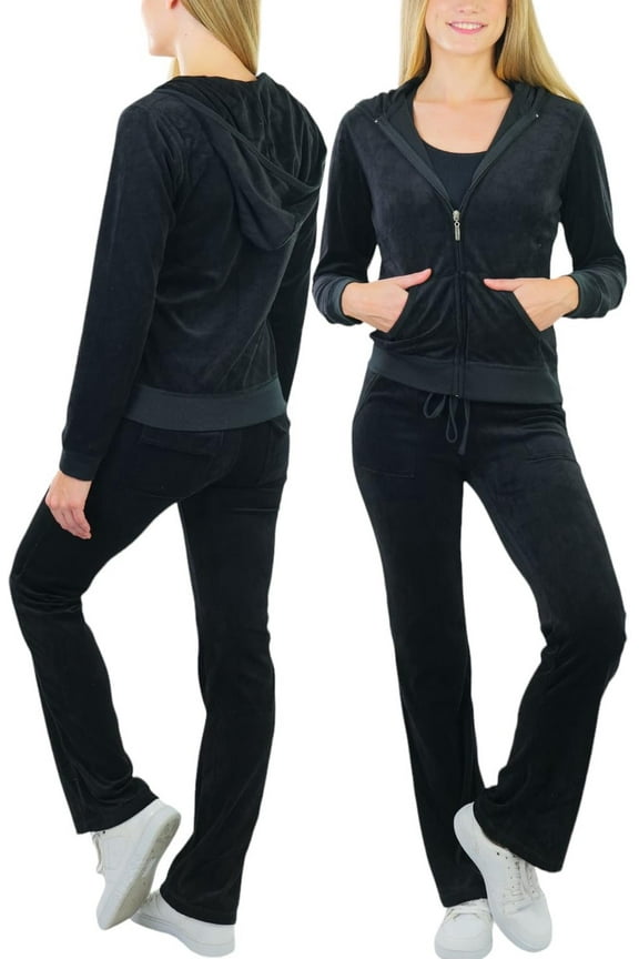 Women's Velour Tracksuit Zip-Up Hooded Jacket and Matching Pants