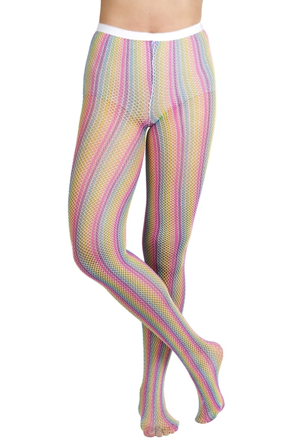 Women's Vibrant Rainbow Fishnet Tights - White