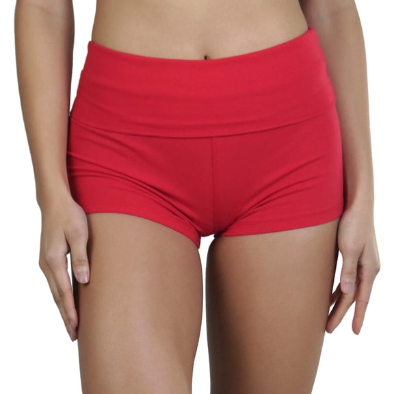 ToBeInStyle Women's Wide Waistband Rollover Yoga Shorts - Classic Red - L