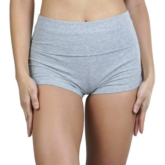 ToBeInStyle Women's Wide Waistband Rollover Yoga Shorts - Light Heather Grey - L