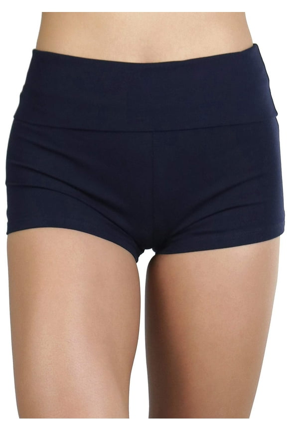Women's Wide Waistband Rollover Yoga Shorts - True Navy Blue - L