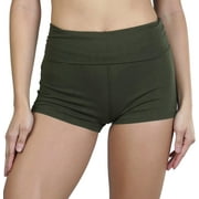 TOBEINSTYLE Women's Wide Waistband Rollover Yoga Shorts - True Olive - M