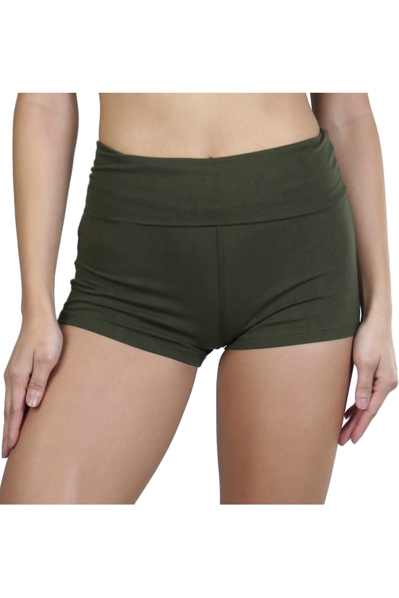 Women's Wide Waistband Rollover Yoga Shorts - True Olive - M