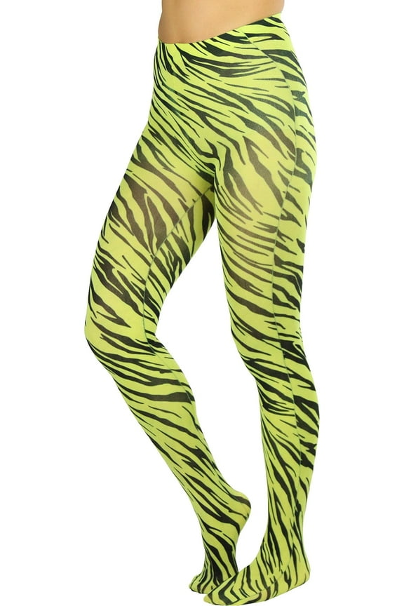 Women's Yellow Opaque Pantyhose With Black Zebra Stripe Print - One Size