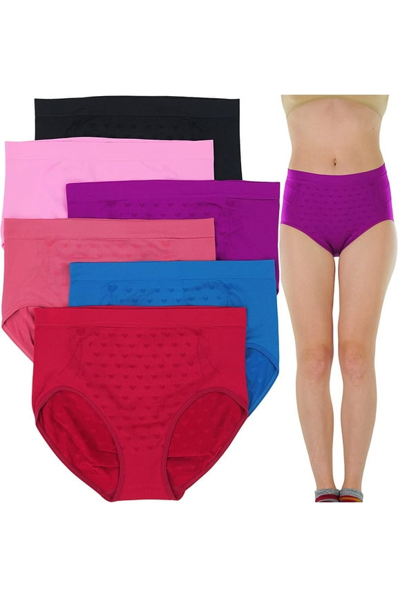 Women's High Waist Seamless Flower Briefs, 6 Pack, Plus Size, Heart Patterned, 4X