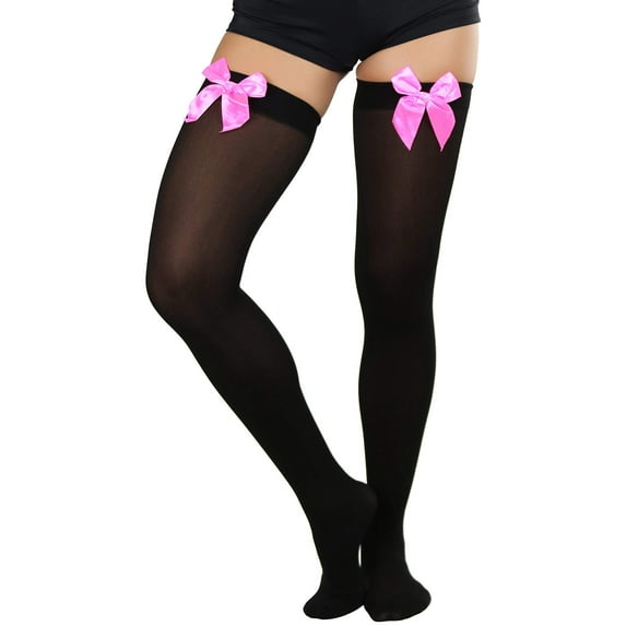 ToBeInStyle Womens Beautiful Satin Bow Opaque Thigh High Stockings - Black w/ Hot Pink Bow - One Size