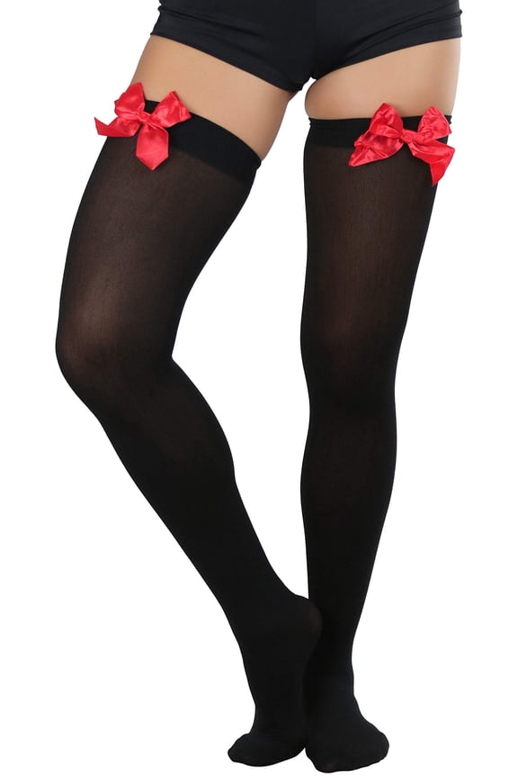 Womens Beautiful Satin Bow Opaque Thigh High Stockings - Black w/ Red Bow - One Size