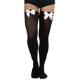 thumbnail image 1 of ToBeInStyle Womens Beautiful Satin Bow Opaque Thigh High Stockings - Black w/ White Bow - One Size, 1 of 5