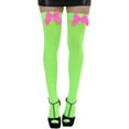 thumbnail image 1 of ToBeInStyle Womens Beautiful Satin Bow Opaque Thigh High Stockings - Neon Green w/ Hot Pink Bow - One Size, 1 of 4