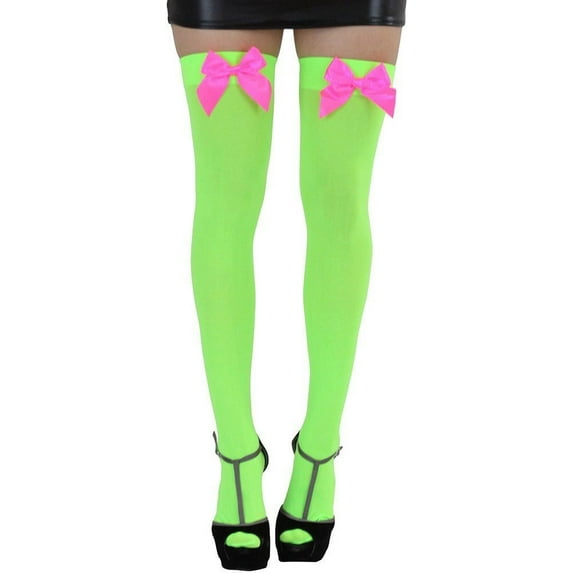 ToBeInStyle Womens Beautiful Satin Bow Opaque Thigh High Stockings - Neon Green w/ Hot Pink Bow - One Size
