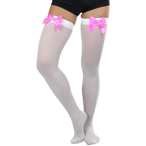 ToBeInStyle Womens Beautiful Satin Bow Opaque Thigh High Stockings - White w/ Hot Pink Bow - One Size