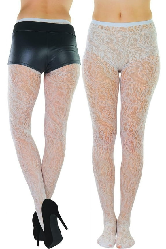 Womens Elegant Floral Lace Inspired Spandex Net Full Length Tights - White - One Size
