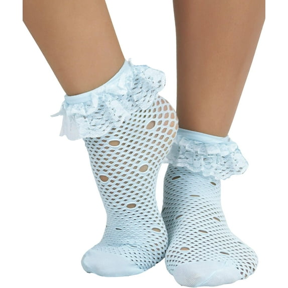 ToBeInStyle Womens Fancy Round Net Pattern Anklet Fashion Socks w/ Elegant Ruffle Trim - Baby Blue - One Size