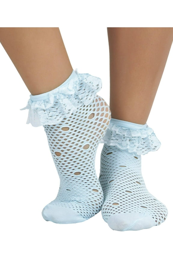 Womens Fancy Round Net Pattern Anklet Fashion Socks w/ Elegant Ruffle Trim - Baby Blue - One Size