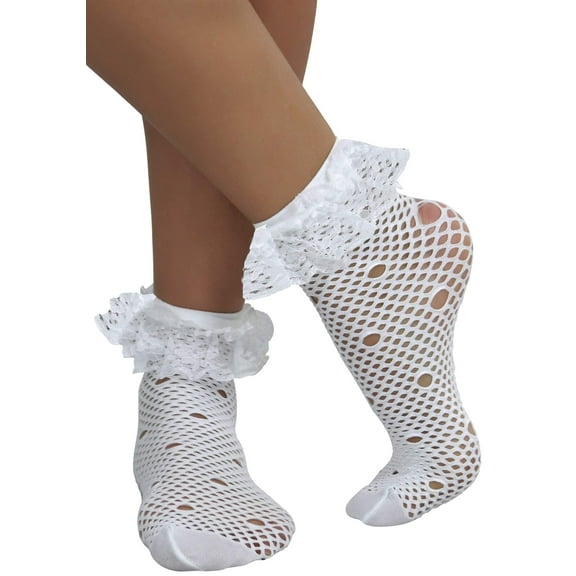 ToBeInStyle Womens Fancy Round Net Pattern Anklet Fashion Socks w/ Elegant Ruffle Trim - White - One Size