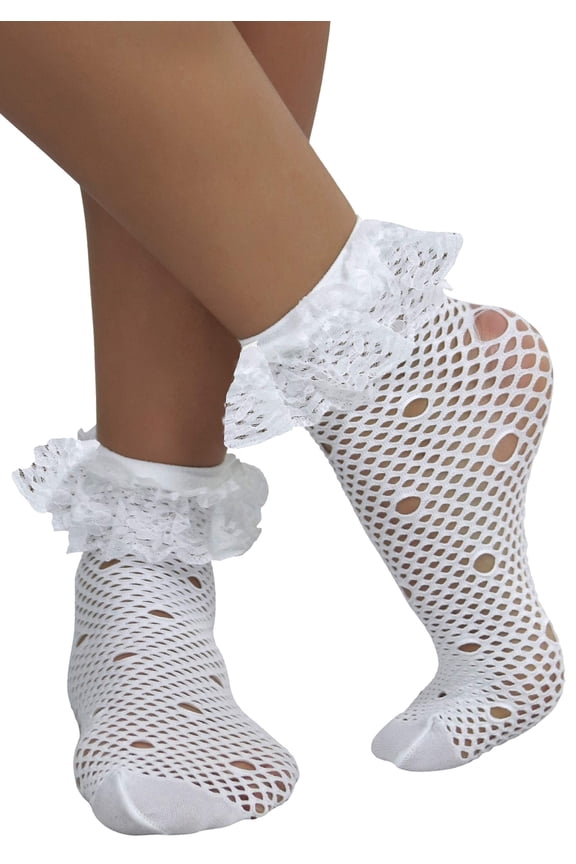 Womens Fancy Round Net Pattern Anklet Fashion Socks w/ Elegant Ruffle Trim - White - One Size