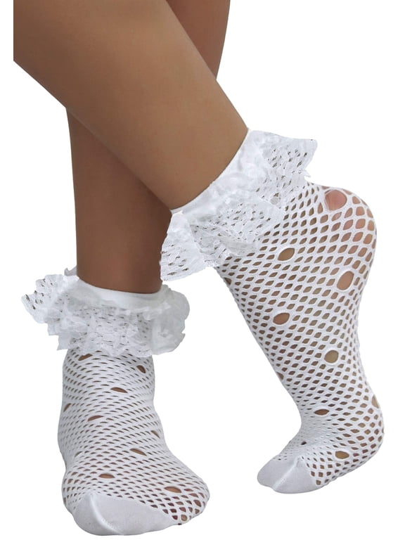 Womens Fancy Round Net Pattern Anklet Fashion Socks w/ Elegant Ruffle Trim - White - One Size
