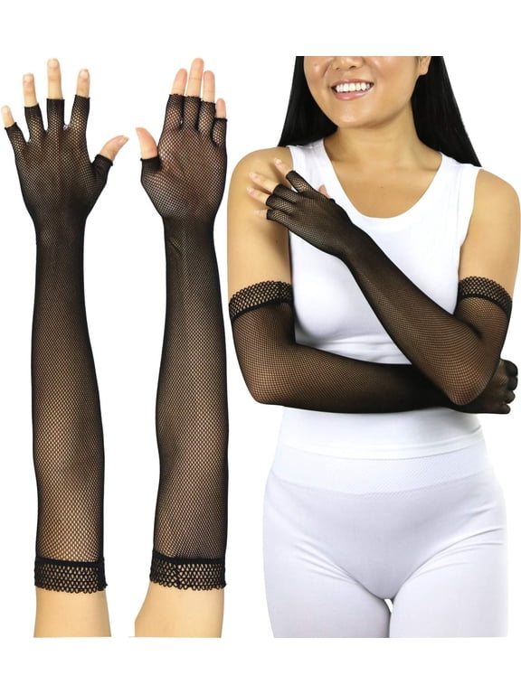 Womens Fishnet Lace Trim Full Arm Length Novelty Gloves Arm Warmers - Black