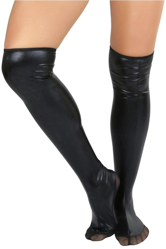 Womens Flashy Superhero Wet Look Metallic Shiny Knee High Socks - Black - One Size