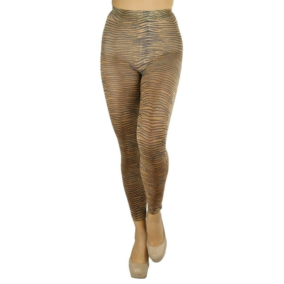 ToBeInStyle Womens Footless Opaque Animal Zebra Tiger Tights Hosiery - Tiger Brown/Orange - One Size