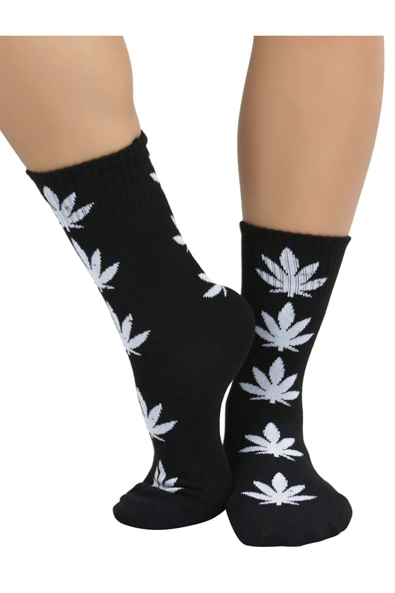 Womens Fun Acrylic Iconic Leaf Printed Socks - Black/White