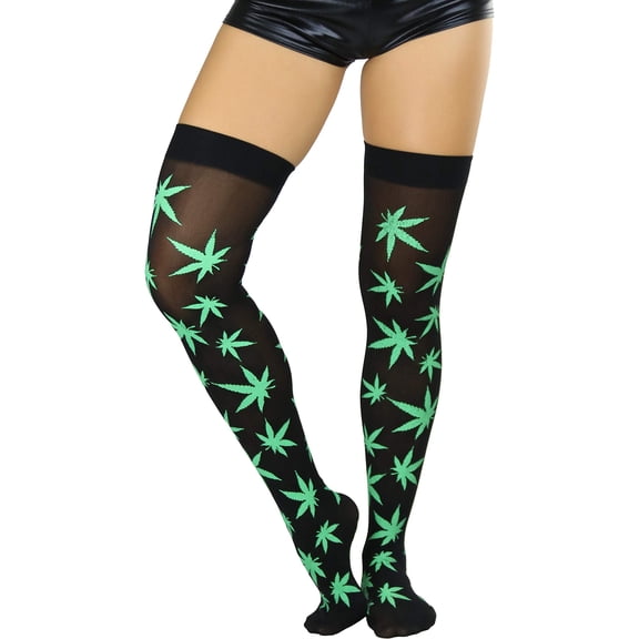 ToBeInStyle Womens Fun Acrylic Iconic Leaf Printed Thigh Highs - Black/Green