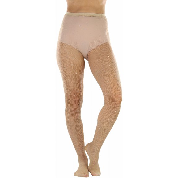 ToBeInStyle Womens Gorgeous Fashion Fishnet Sheers Sprinkled w/ Shiny Rhinestones - Beige - One Size