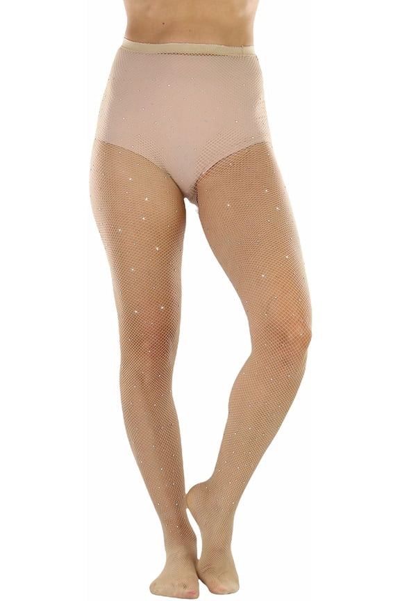 Womens Gorgeous Fashion Fishnet Sheers Sprinkled w/ Shiny Rhinestones - Beige - One Size
