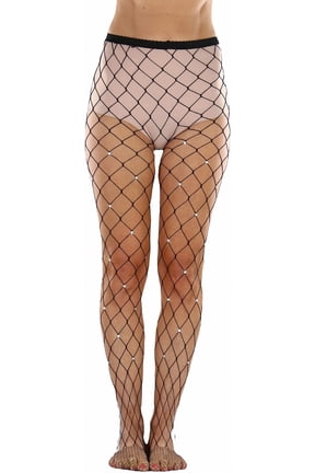 Womens Large Net Diamond Fishnet Sheers w/ Diamond Jewels - Black - One Size