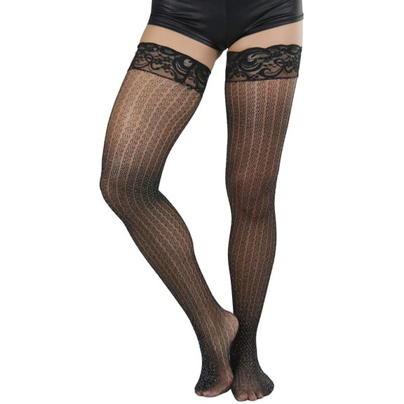 ToBeInStyle Womens Modern Chic Glimmer Cable Net Thigh High Stockings - Black - One Size