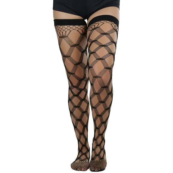 ToBeInStyle Womens Multi-Strand Large Diamond Fence Net Thigh High Stockings - One Size - Black