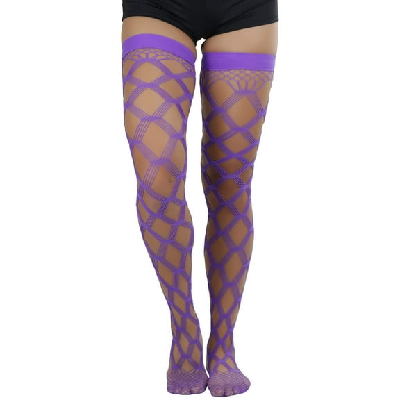 ToBeInStyle Womens Multi-Strand Large Diamond Fence Net Thigh High Stockings - One Size Plus - Purple