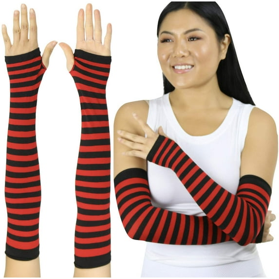 ToBeInStyle Womens Novelty Nylon Arm Warmers Long Fingerless Gloves - Black w/ Red Stripes - One Size