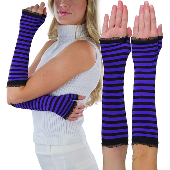 ToBeInStyle Womens Novelty Nylon Arm Warmers Long Fingerless Gloves w/ Mini Lace Trim - Black w/ Purple Stripes - One Size