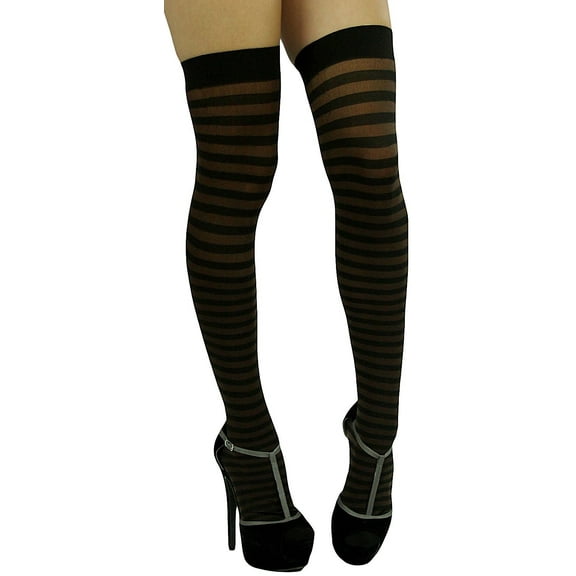 ToBeInStyle Womens Opaque Hoseiry Thin Striped Thigh High Stocking - Black w/  Brown Stripes - One Size
