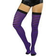 thumbnail image 1 of ToBeInStyle Womens Opaque Hoseiry Thin Striped Thigh High Stocking - Black w/ Purple Stripes - One Size, 1 of 6