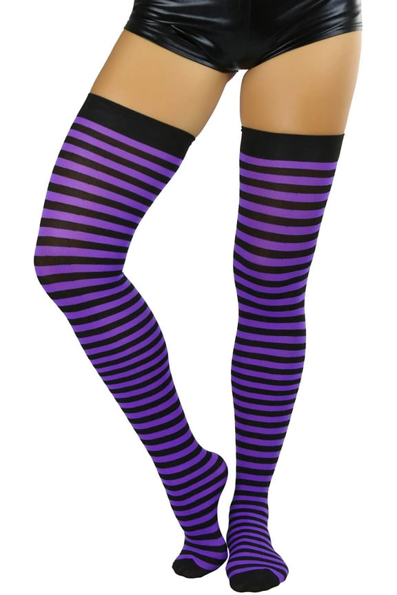 Womens Opaque Hoseiry Thin Striped Thigh High Stocking - Black w/ Purple Stripes - One Size