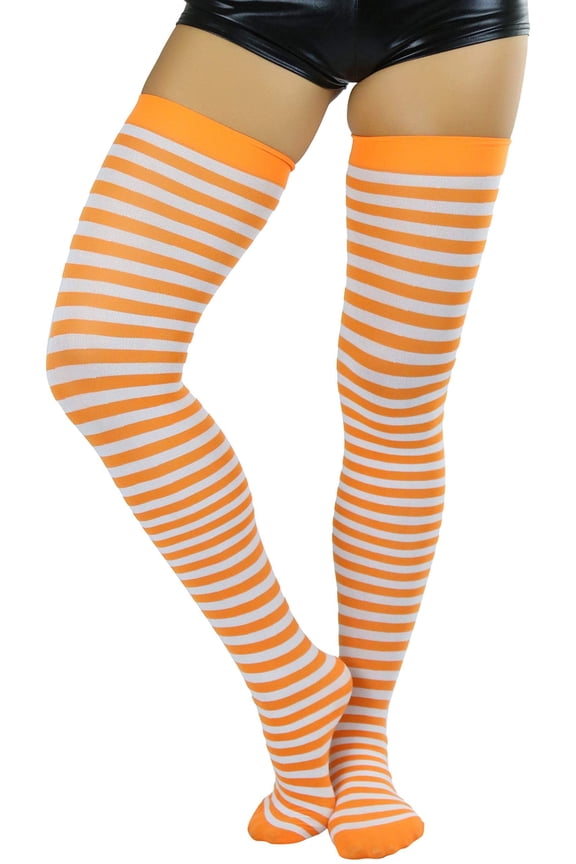 Womens Opaque Hoseiry Thin Striped Thigh High Stocking - White w/ Orange Stripes - One Size