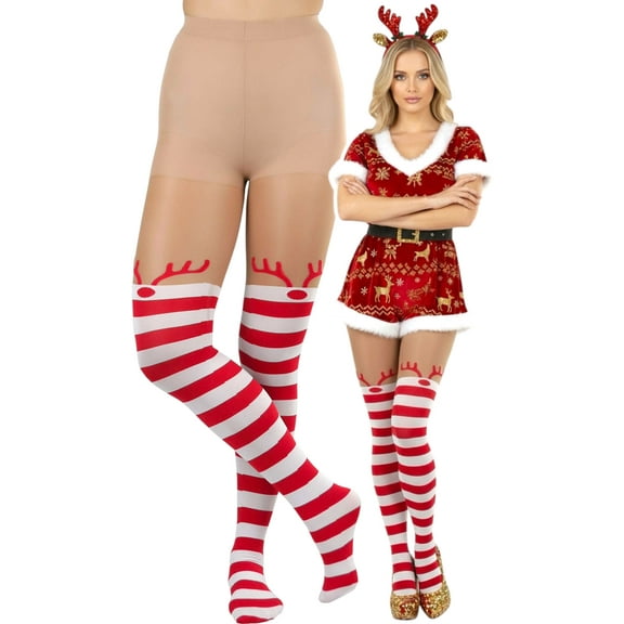 ToBeInStyle Womens Sassy Striped and Rudolph Detail Stockings - Red/White - One Size