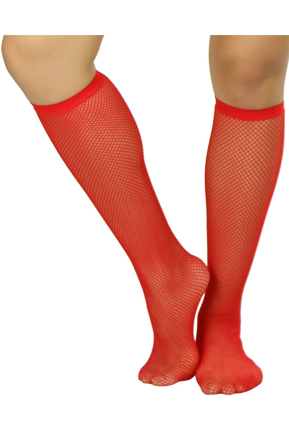 Womens Sheer Fine Fishnet Knee High Backseam Novelty Nylon Socks - Red - One Size