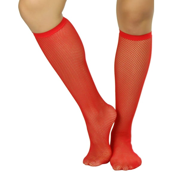 ToBeInStyle Womens Sheer Fine Fishnet Knee High Backseam Novelty Nylon Socks - Red - One Size