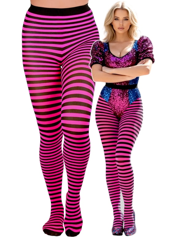 Women's Colorful Opaque Striped Tights Pantyhose Stocking Hosiery - Black/Hotpink - One Size