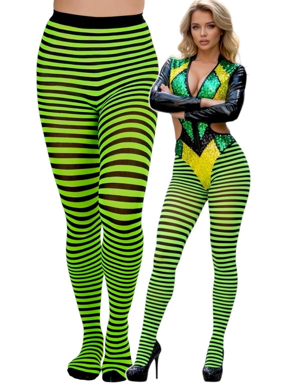 Women's Colorful Opaque Striped Tights Pantyhose Stocking Hosiery - Black/Neongreen - One Size