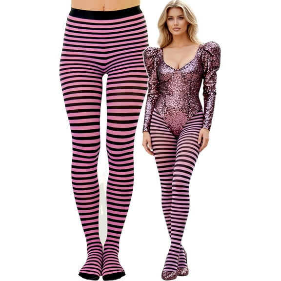 ToBeInStyle Women's Colorful Opaque Striped Tights Pantyhose Stocking Hosiery - Black/Pink - One Size