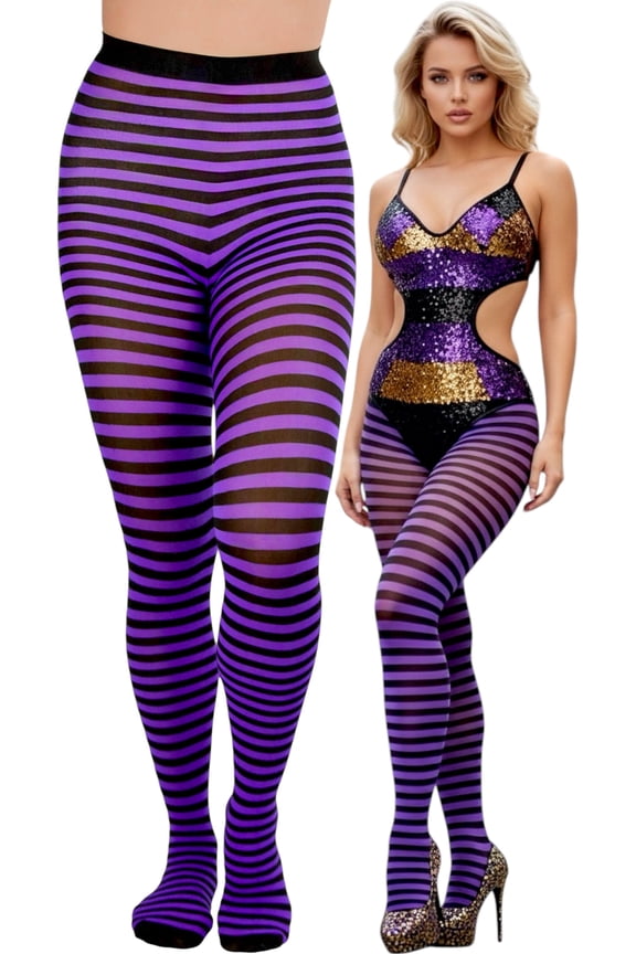 Womens Colorful Opaque Striped Tights Pantyhose Stocking Hosiery - Black/Purple - One Size