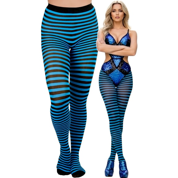 ToBeInStyle Women's Colorful Opaque Striped Tights Pantyhose Stocking Hosiery - Black/Turquoise - One Size