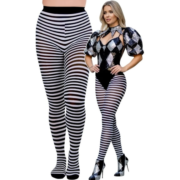 ToBeInStyle Women's Colorful Opaque Striped Tights Pantyhose Stocking Hosiery - Black/White - One Size