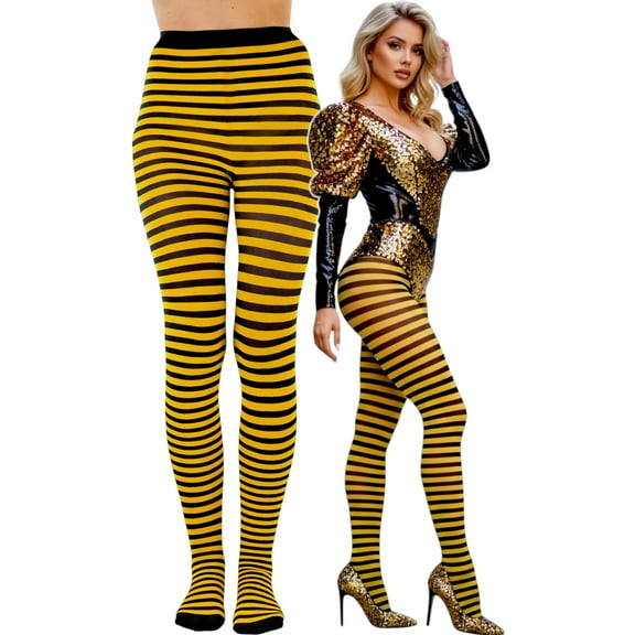ToBeInStyle Women's Colorful Opaque Striped Tights Pantyhose Stocking Hosiery - Black/Yellow - One Size