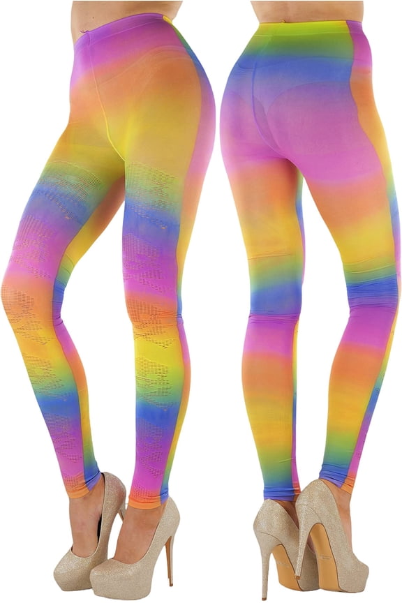 Womens Vibrant Multicolored Rainbow Opaque Fashion Tights Pantyhose Hosiery - Cross Bone Rainbow